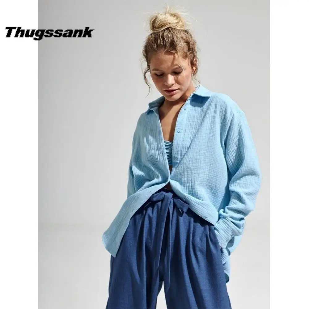 

Women's Spring Summer 100% Cotton Shirts Office Lady Fashionable Solid Lady Long Sleeve Loose Tops Crepe Shirts