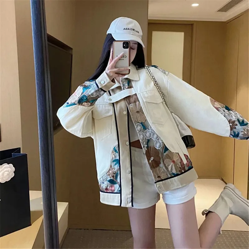 

Женская куртка с вышивкой, Повседневная приталенная куртка с длинным рукавом и отложным воротником, с карманами, весна-осень 2022