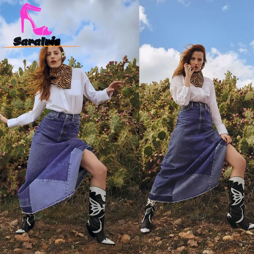 Retro Style Vintage Western Women Boots 2023 Winter Autumn Pointed Toe Patchwork Knee-high Boots Dress Long Boots Comfy Walking