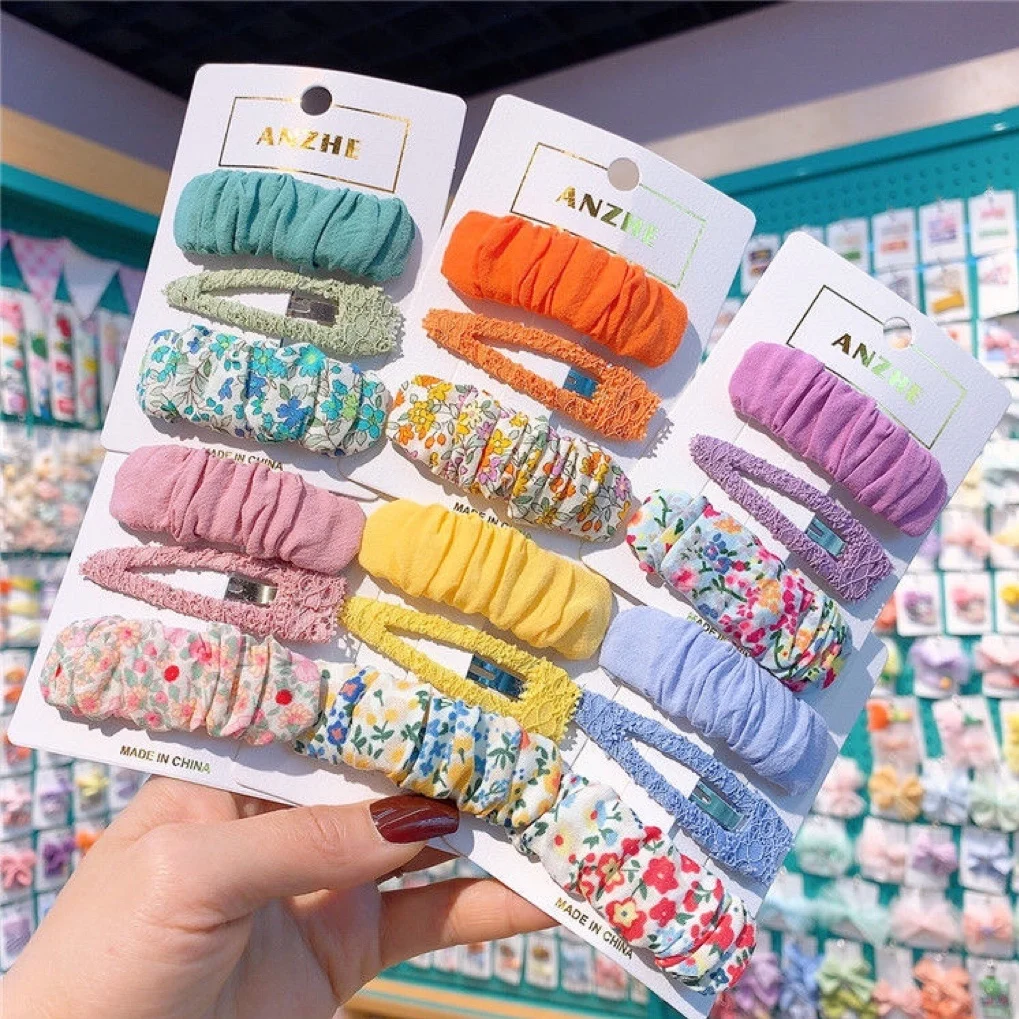 

3 PCS Hair Accessories For Girl New Sweet Candy Color Hair Clips Girl Cloth Art Floral BB Clip Pure Color Card Edge Clip