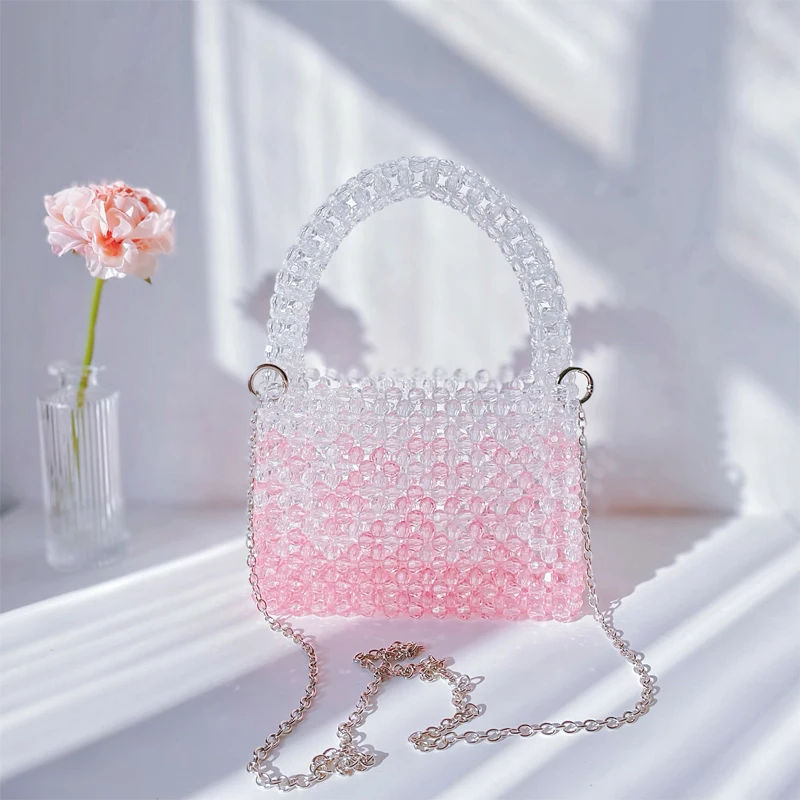 

THE Ladies Summer Clutch Evening Purses Gradient Pink Homemade Bead Crossbody Bags for Women Metal Chain Crossbody Party Bag