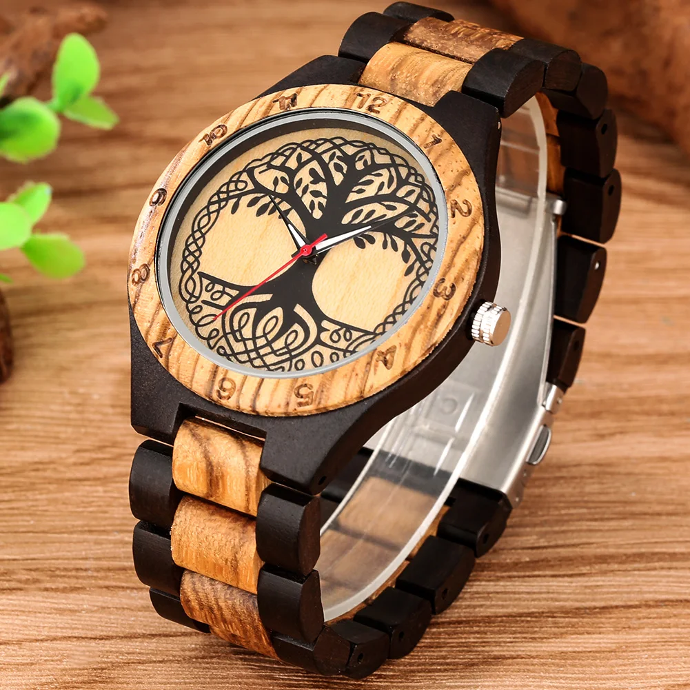 Wood Watch Couple Bamboo Quartz Wristwatches Tree of Life Engraved Dial Luxury Valentine Souvenir Gift for Men Reloj De Madera