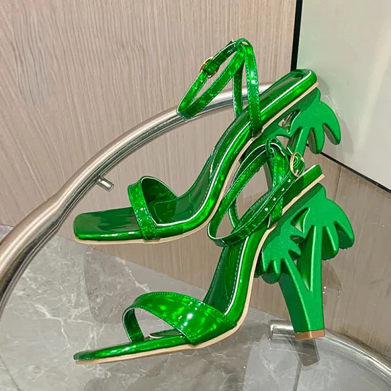 

Sexy Green Ankle Strap Sandals Women Summer Square Toe Strange Fretwork Heels Ladies Party Dress Shoe Sandalias Mujer 2023