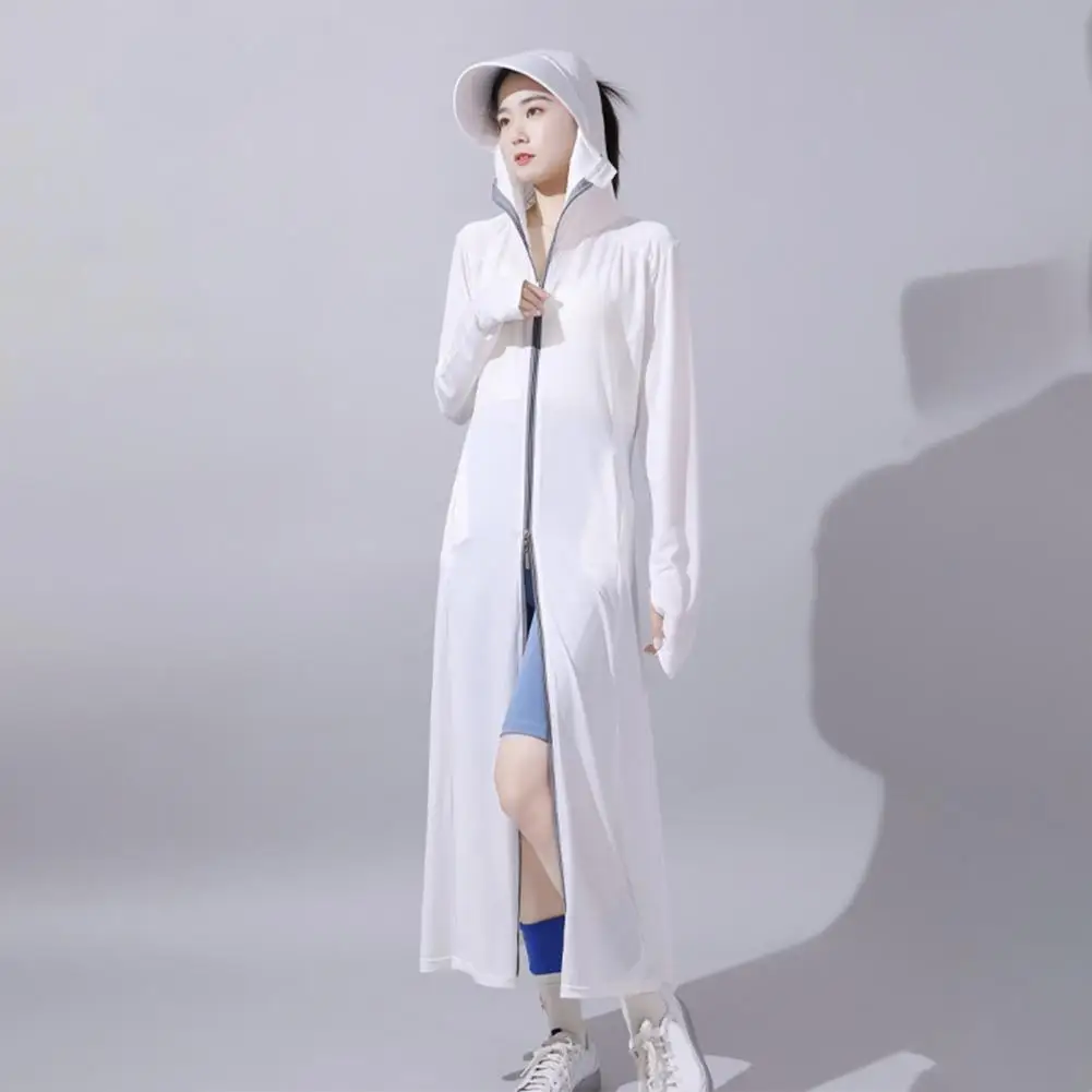 

Women Sunscreen Coat Stylish Women's Long Sunscreen Coat Hooded Anti-uv Protection Breathable Ice Silk Fabric Zipper for Sweat