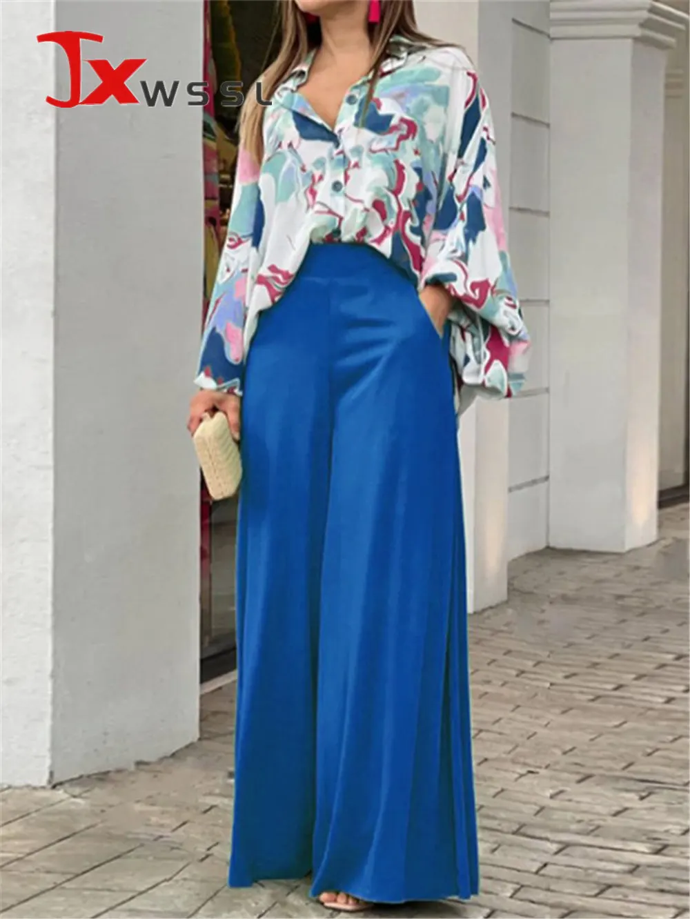 

Womens Shirt Trousers Sets Casual Print Puff Sleeve Blouse Tops Elgant Solid Color Wide Leg Pants Summer Loose Two Piece Set