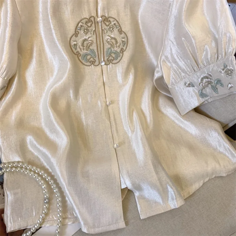 Атласные женские рубашки блузки с вышивкой в китайском стиле свободные модные