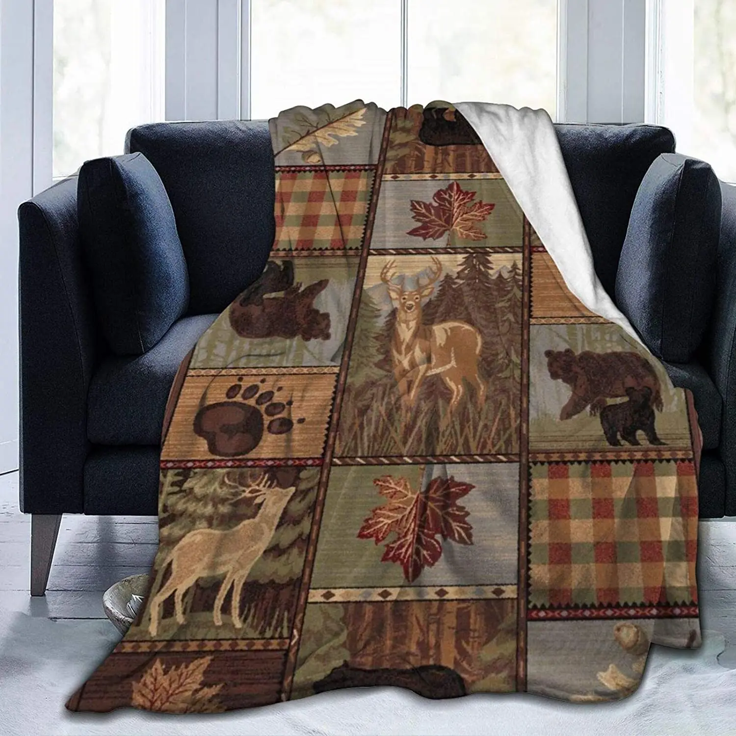

Rustic Lodge Bear Moose Fleece Throw Blanket Cozy Sherpa Plush Blankets for Bed Couch Sofa 50x60 In