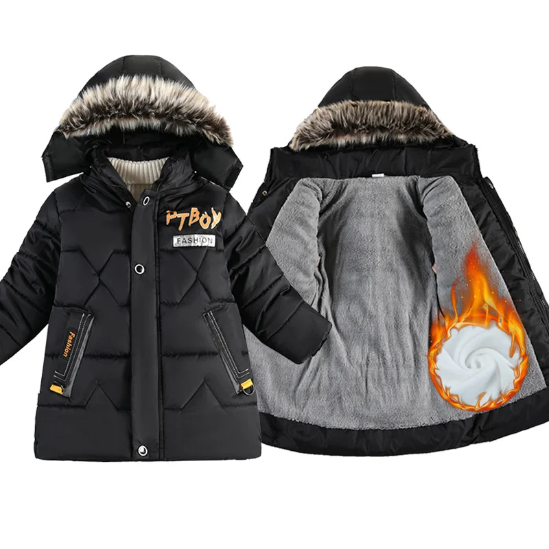 

-30℃ Boys Winter Thicken Coats Kids Hooded Warm Down Jackets Letter Print Teens Outerwear Children Clothes Boys Windproof Parkas