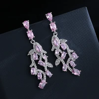 luxury pink zirconia leaf earrings for women silver plate design sweet romantic wedding dangle statement long gift jewellry