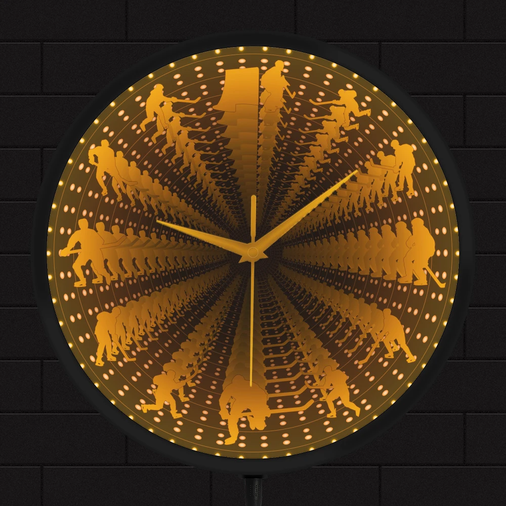 

Hockey Sport Interstellar Infinity Mirror Wall Clock Ice Hockey Players Bedroom Decor Never Ending Reflections Night Light Watch