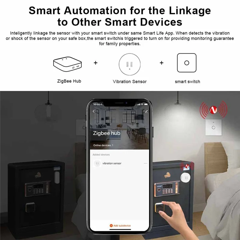 Фото SUINE-Tuya Zigbee умный датчик вибрации мониторинг в реальном времени сигнализация обнаружения дверей и окон умный датчик защиты безопасности №4