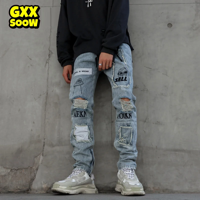 

New Skinny Jeans Men Streetwear Destroyed Ripped Jeans Homme Hip Hop Broken Graffiti Print Pencil Biker Denim Pants Hole WQ627