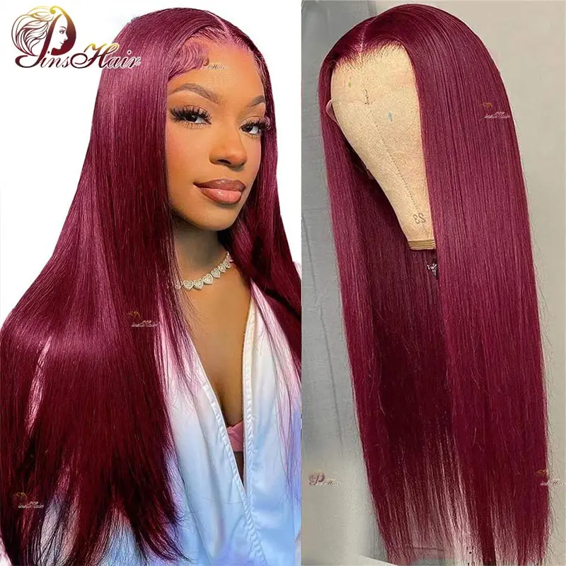 Colored 99J Lace Front Human Hair Wigs Pre-Plucked Burgundy Red 13X4 Transparent Lace Front Wig Straight Remy Human Hair Wig 180