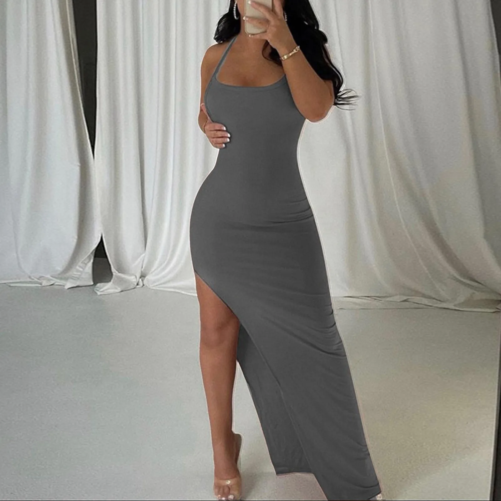 

Women's Casual Slip Long Dress Sleeveless Bodycon Maxi Dresses Solid Color