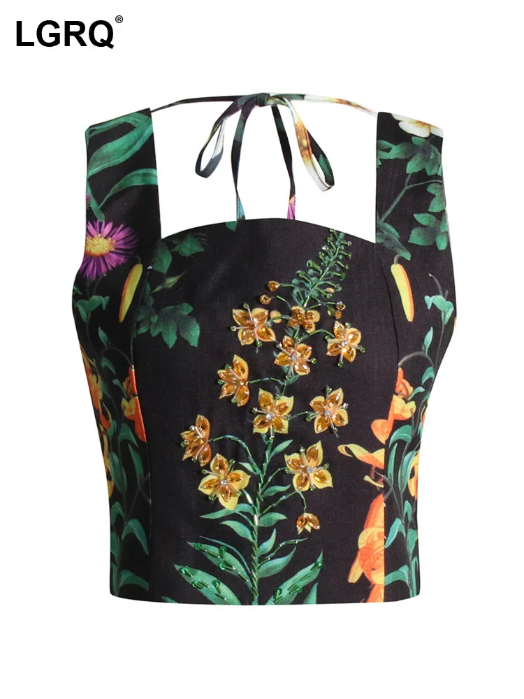

LGRQ Fashion Patchwork Lace Up Tank Tops For Women Square Collar Sleeveless Hit Color Print Summer Pullover Vest Female 19J3992