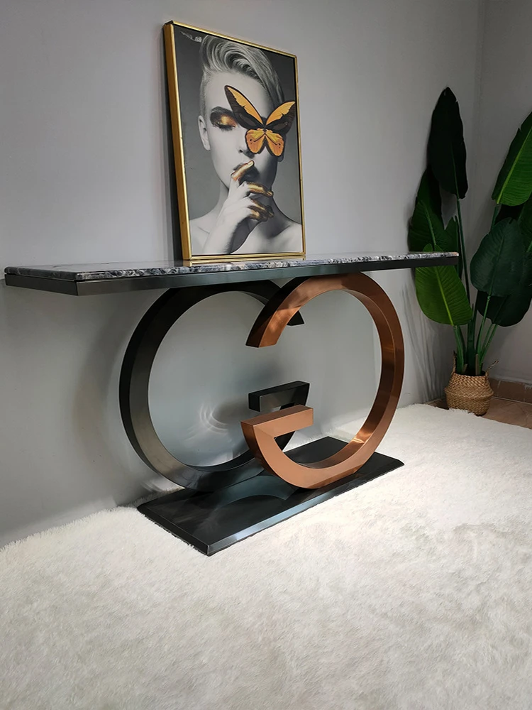 

High Quality Light Luxury Stainless Steel Creative Living Room Porch Modern Entrance Marble Table Decorative Wall Porch Table