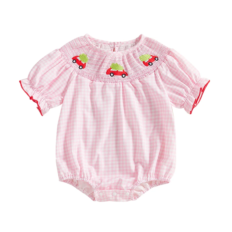 Baby Girl Christmas Romper Classic Short Sleeve Red Truck Embroidery Smocked Bodysuit Newborn Playsuit