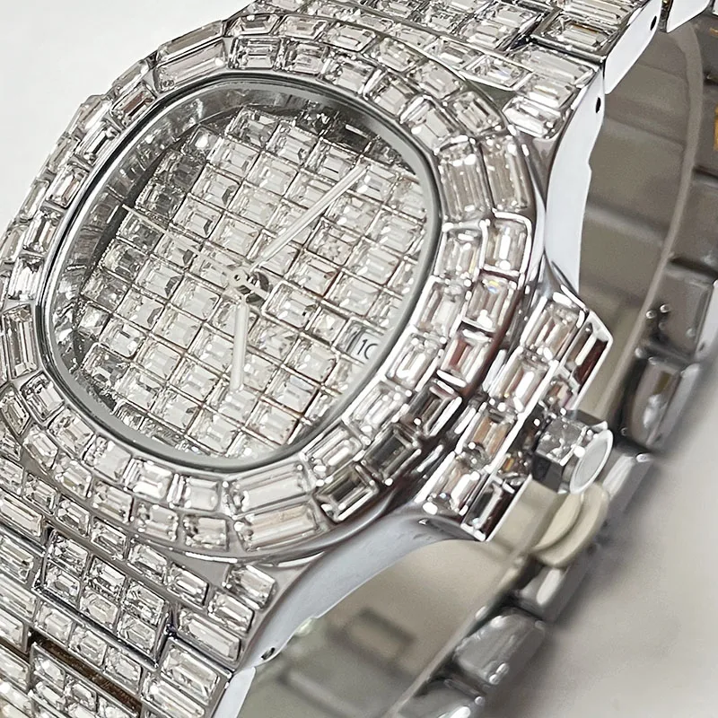 

MISSFOX Luxury Quartz Watches Mens Automatic Date Fashion Waterproof Clock Hip Hop Square Iced Diamond WristWatch Man Reloj 2023