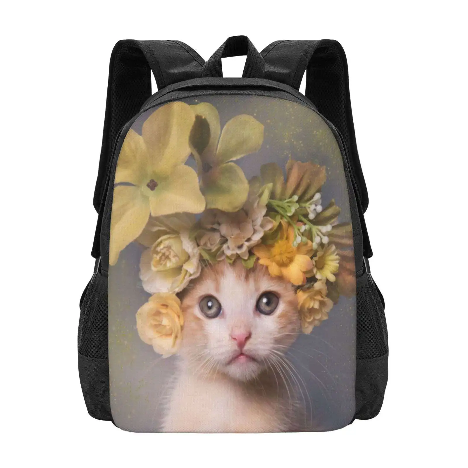 

Flower Power , Bull The Kitten Hot Sale Backpack Fashion Bags Flowers Flower Power Gamand Adorable Flower Crown Yellow Tabby