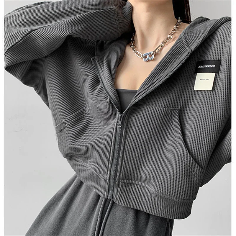 

Deeptown Harajuku Women Sweatshirts Korean Fashion Sportswear Female Zip Up Hoodies Vintage Streetwear Basic Casual Cropped Top