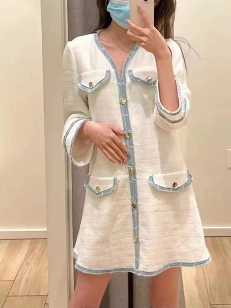 

Women Tweed Contrast Color V-neck Knitted Short Dress