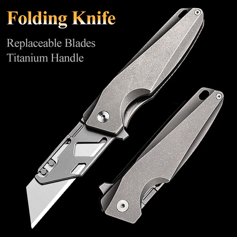 Stone-washed utility knife titanium alloy folding knife outdoor EDC cutting knife portable self-defense knife with titanium clip