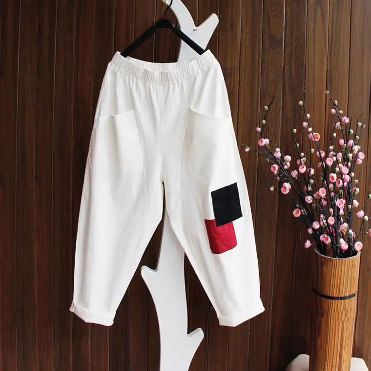 

SuperAen 2022 Cotton Linen Cropped Pants Thin Harem Pants Women Loose Elastic Waist Slim Casual Ankle-Length