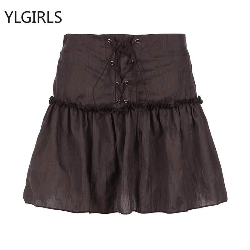 

2023 Summer Vintage Korean Retro High Street Wood-ear Lace Up Low Waist Short Skirt Streetwear Fashion Skirt