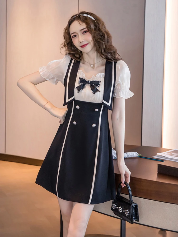 

Модные элегантные платья для женщин 2022 ретро мини-платье с коротким рукавом и бантом для вечеринки Милая уличная одежда женское платье в стиле преппи