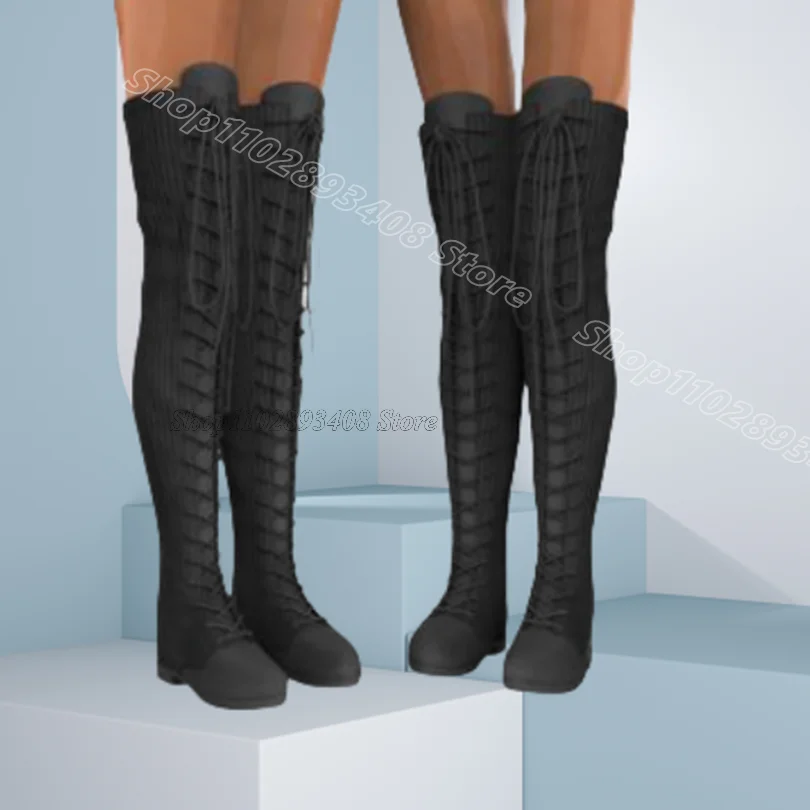 Black Lace up Matte Leather Boots Round Toe Solid British Style Women Spring Casual Over Knee 2024 Zapatos Para Mujere