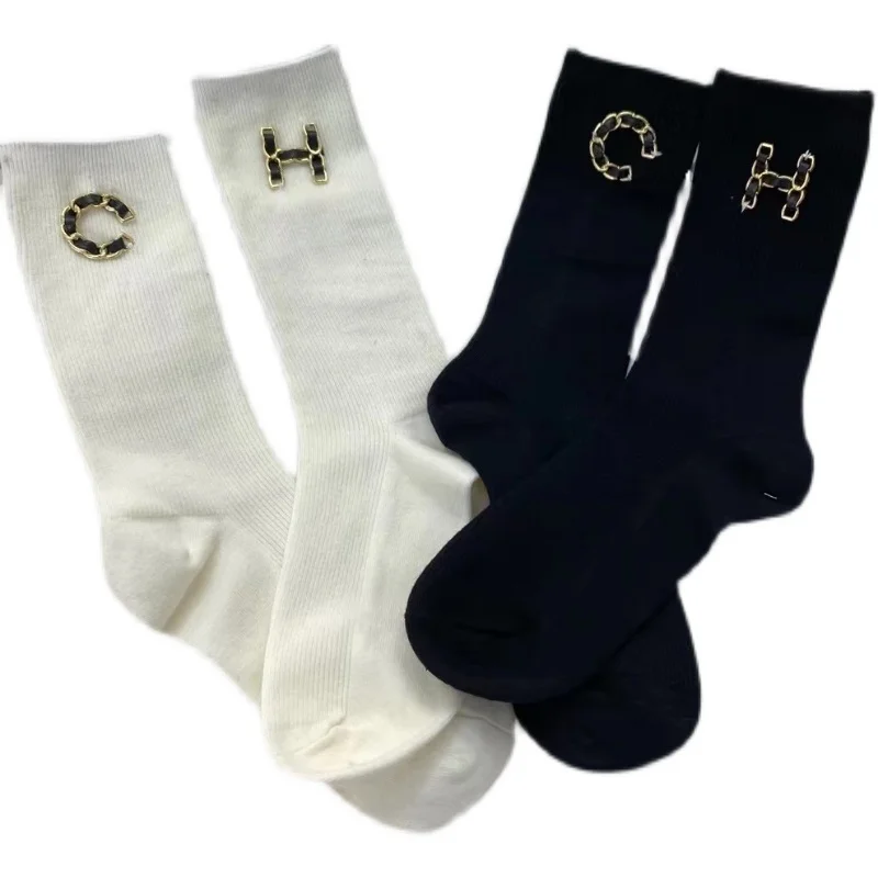 Metal Letter Embroidery Middle Tube Stockings All-match Spring Autumn Trendy Socks Net Red AB Face Black Cotton Sock