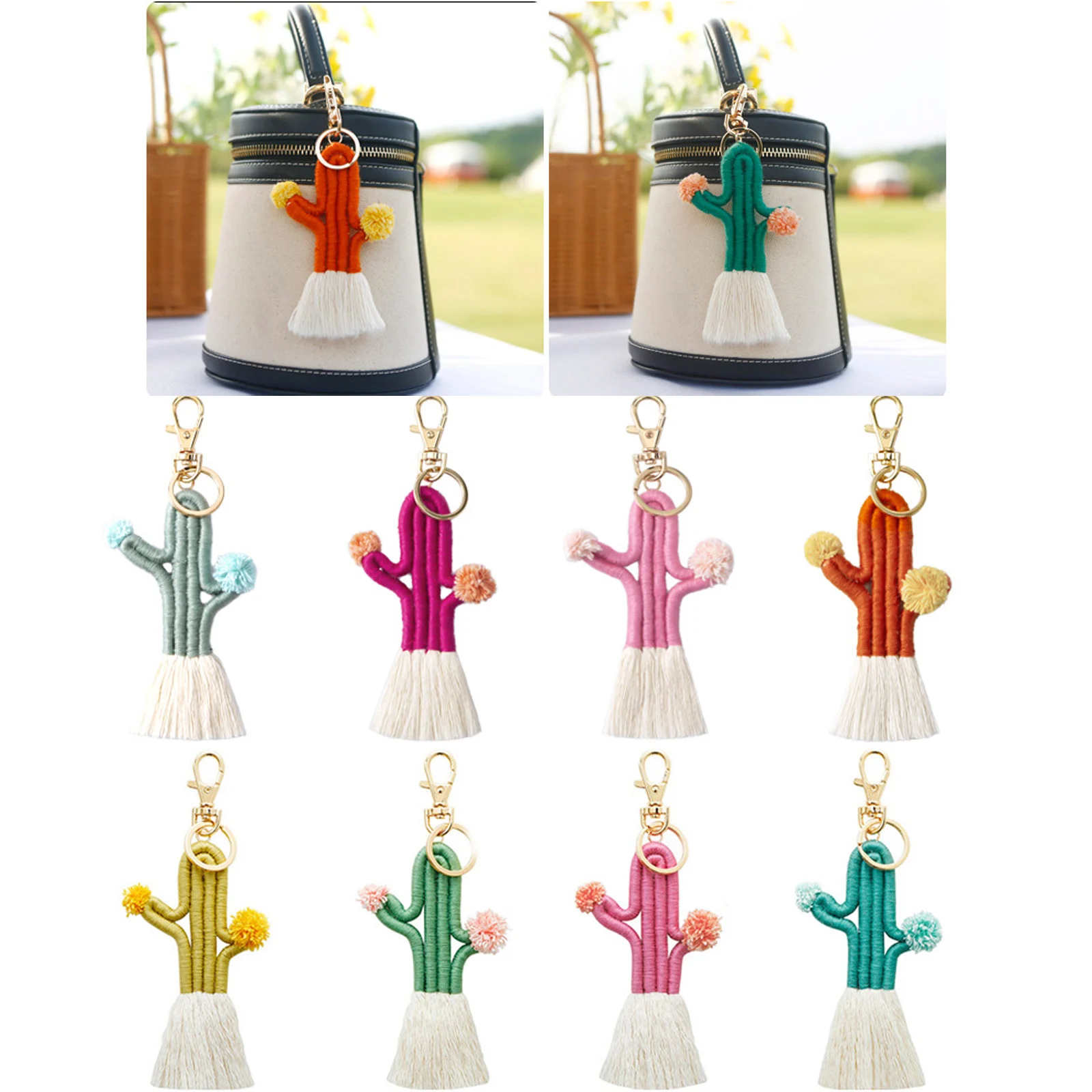 

1 шт. ручной работы, плетеная Подвеска для сумки, модные женские бусины, кактус, богемная кисточка, хлопковый шнур, держатель для автомобильн...
