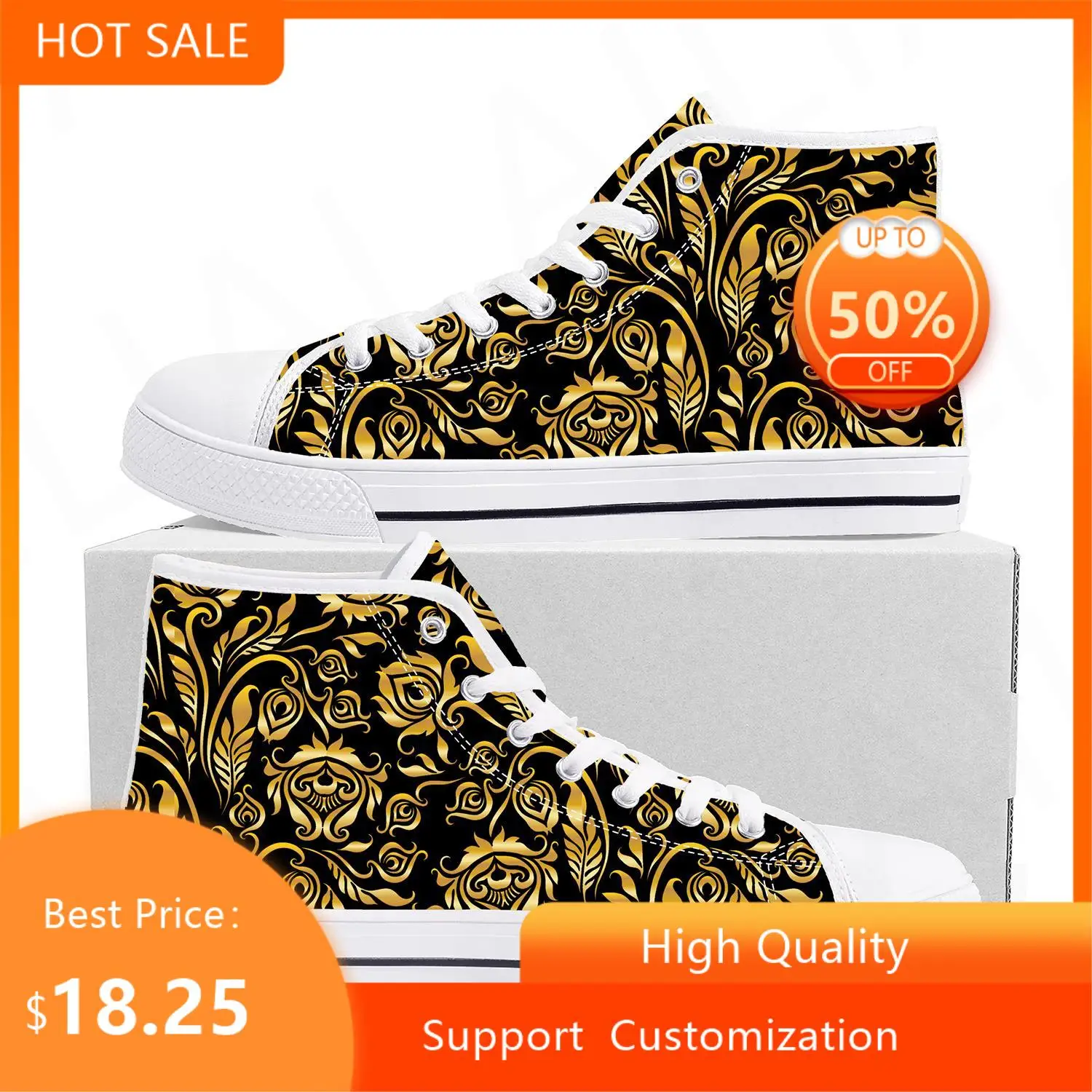 

Роскошные высокие кроссовки в стиле барокко с золотым цветочным Европейским узором, мужские и женские холщовые кроссовки для подростков, повседневная обувь на заказ