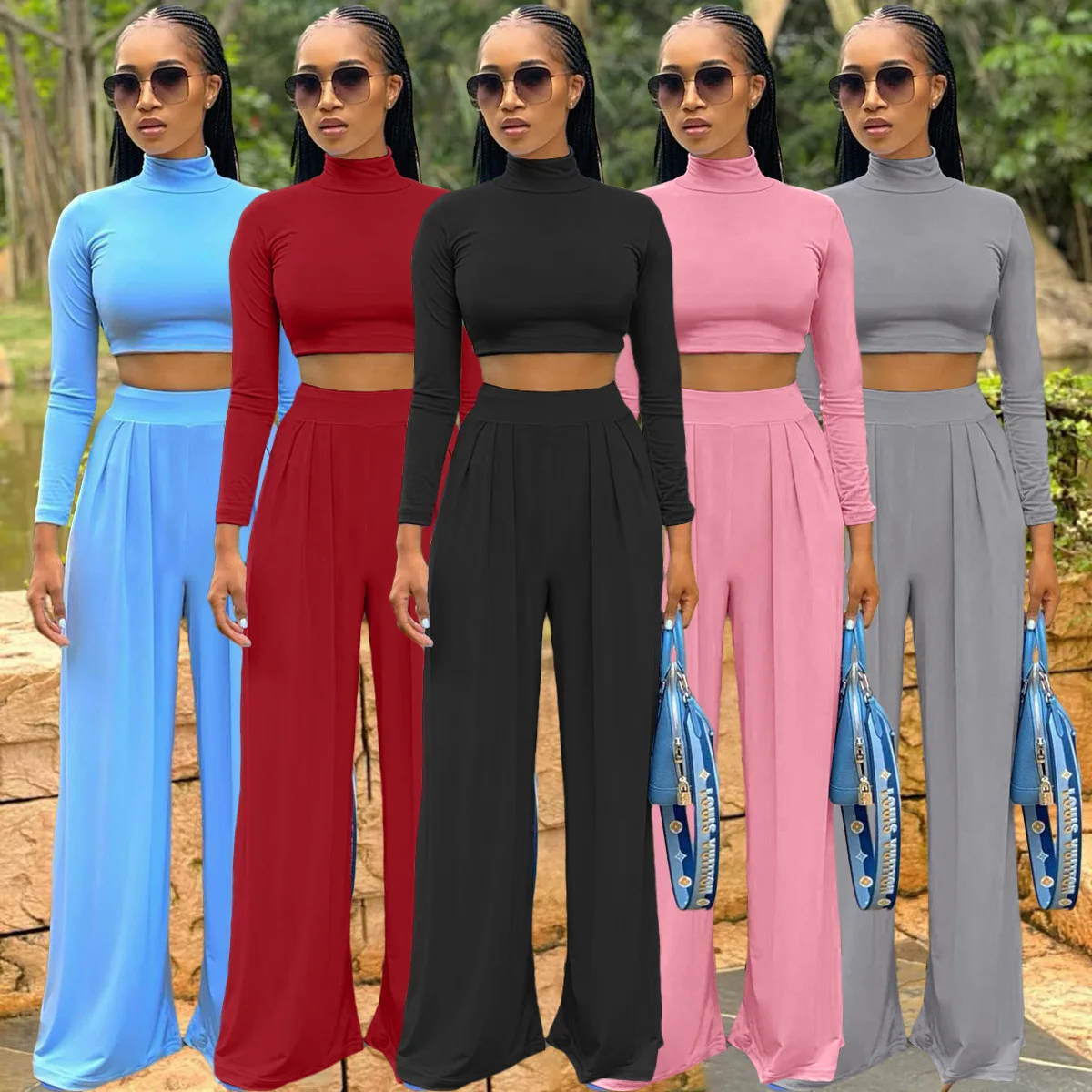 

Осень 2021, новый женский комплект из двух предметов, элегантный укороченный топ с высоким воротником и длинным рукавом + брюки-клеш, спортивн...