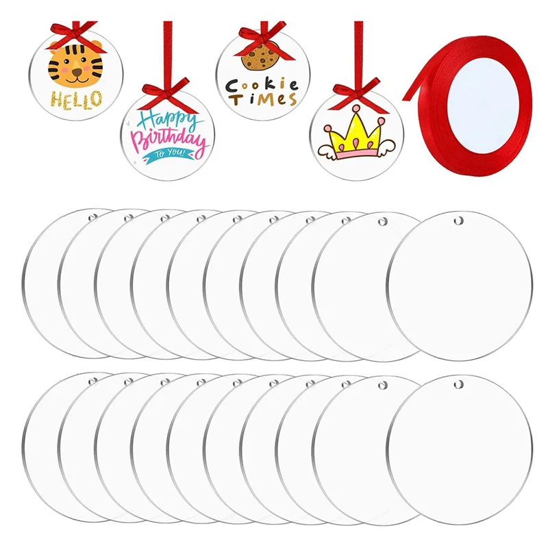 

20 Pieces Acrylic Clear Blanks Transparent Tag Discs Blanks for DIY Crafts Keychain Decoration with Ribbon (3 Inch)