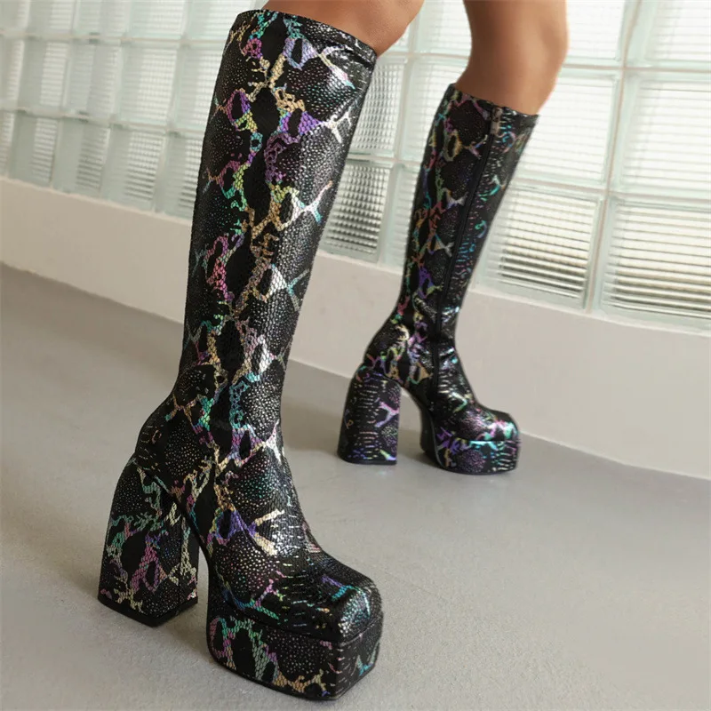 

Women Boots Winter 2022 Designer Platform High Heels Elegant Zebra Stripe Women Shoes Party Chunky Heel Lady Knee High Boots