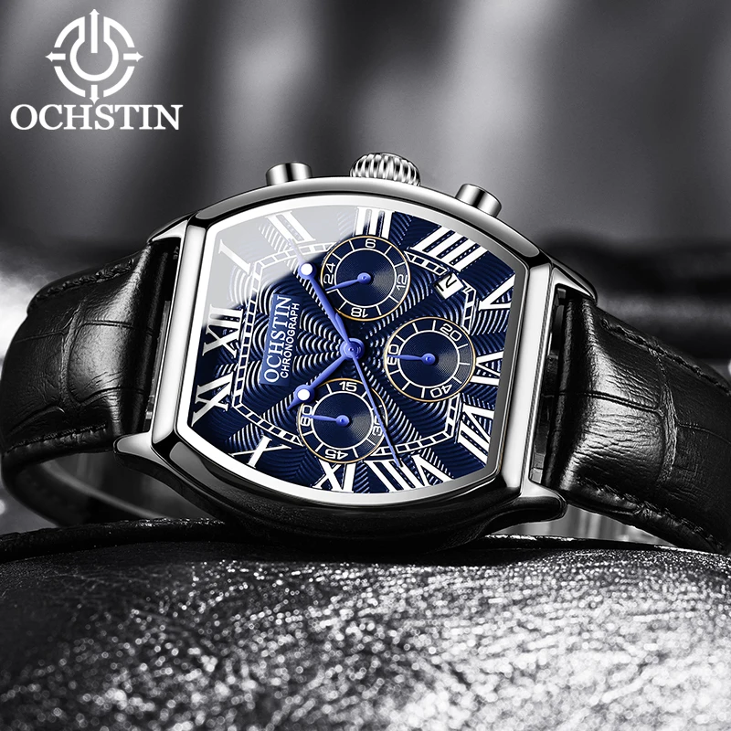 Фото Мужские кварцевые часы OCHSTIN Commander Series с прямоугольным корпусом, многофункциональные, с ремешком из натуральной кожи, для повседневной носки и активного отдыха №3