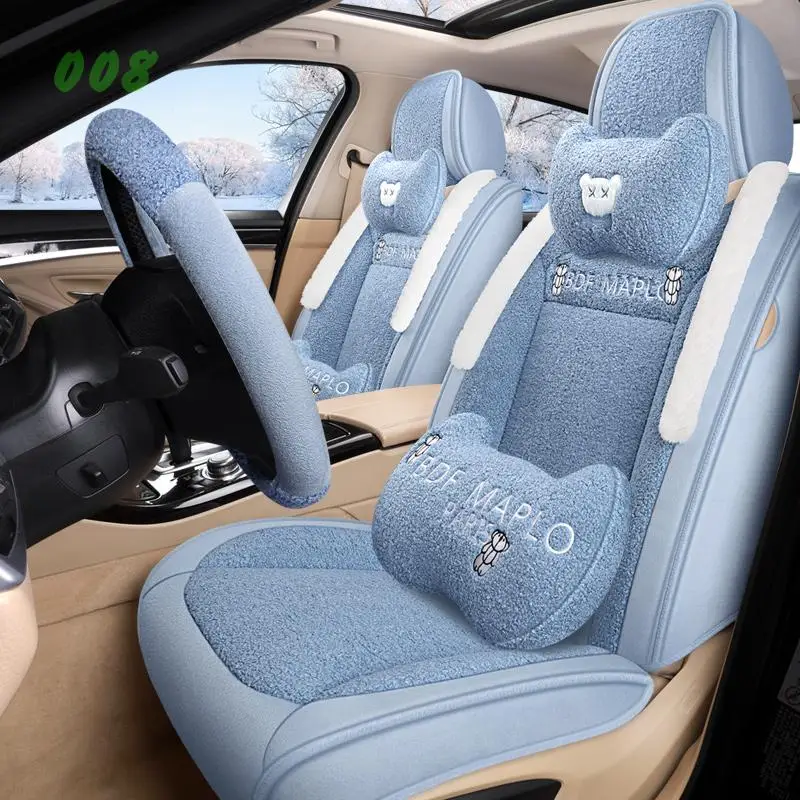 

Car Seat Covers Universal For 95% Sedan SUV Durable Faux Fur Five Seats Full Covered Design Winter Thick Warm Seat Cushion Blue