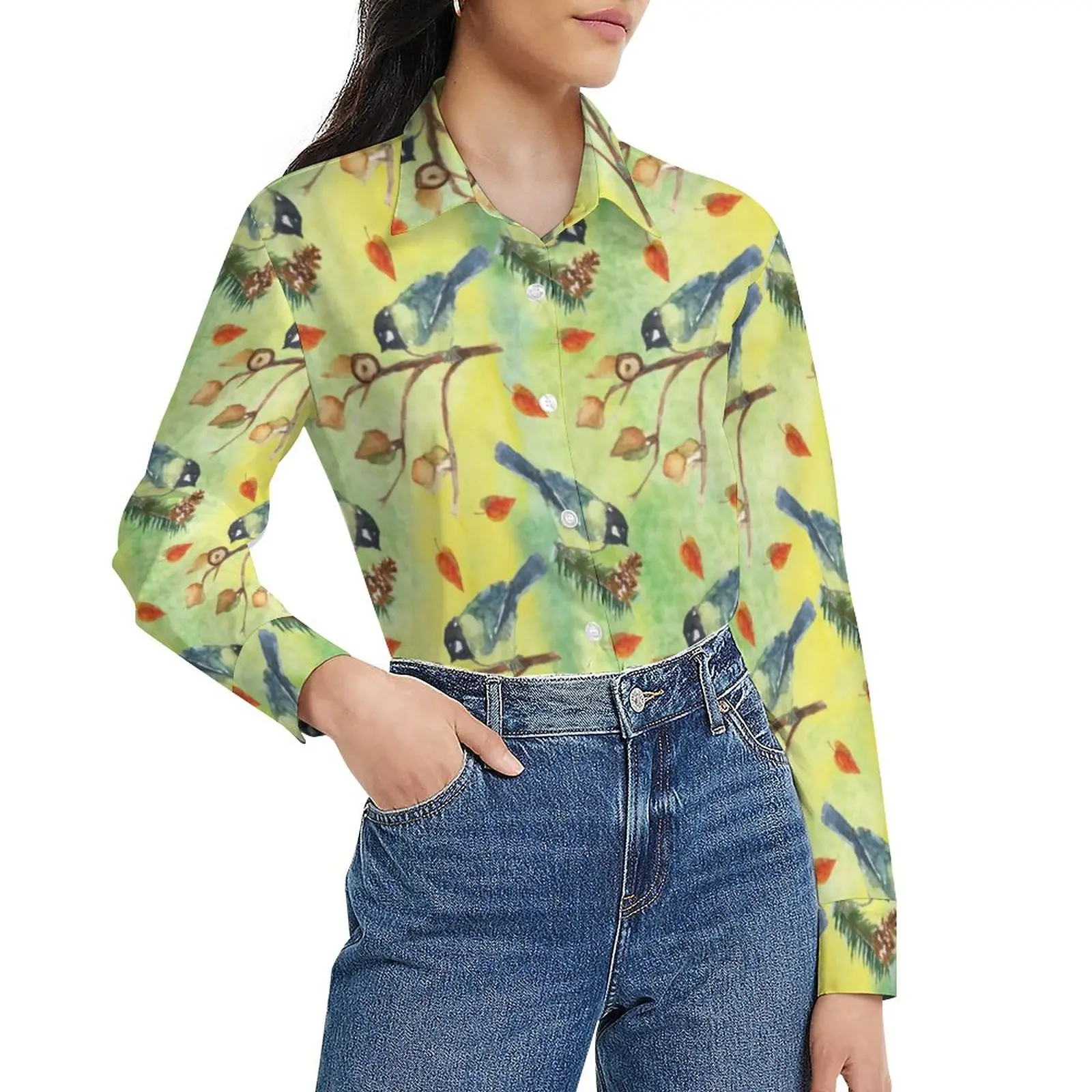 

Watercolor Birds Blouse Woodland Animal Office Work Custom Blouses Women Casual Shirt Autumn Long Sleeve Oversized Tops