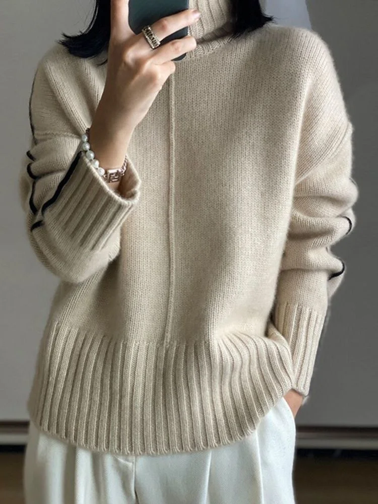 

2023 Autumn Winter New 100%Cashmere Wool Turtleneck Sweater Women Loose Thick Soft Warm Color Matching Knitted Bottoming Shirt