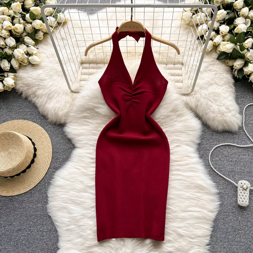 

Sexy Halter Backless Elastic Slim Knit Bodycon Dress Sleeveless Off Shoulder Elegant Dress Women Summer pleated Fashion Vestidos