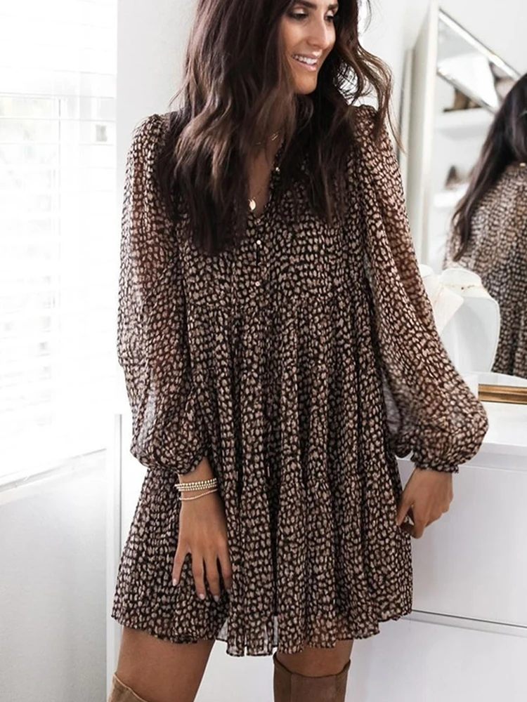 

Chicheca Lantern Long Sleeve Leopard Print Ruffles Women Dress Spring Casual V-neck Button Mini Dress Ladies Elegant Party Dress