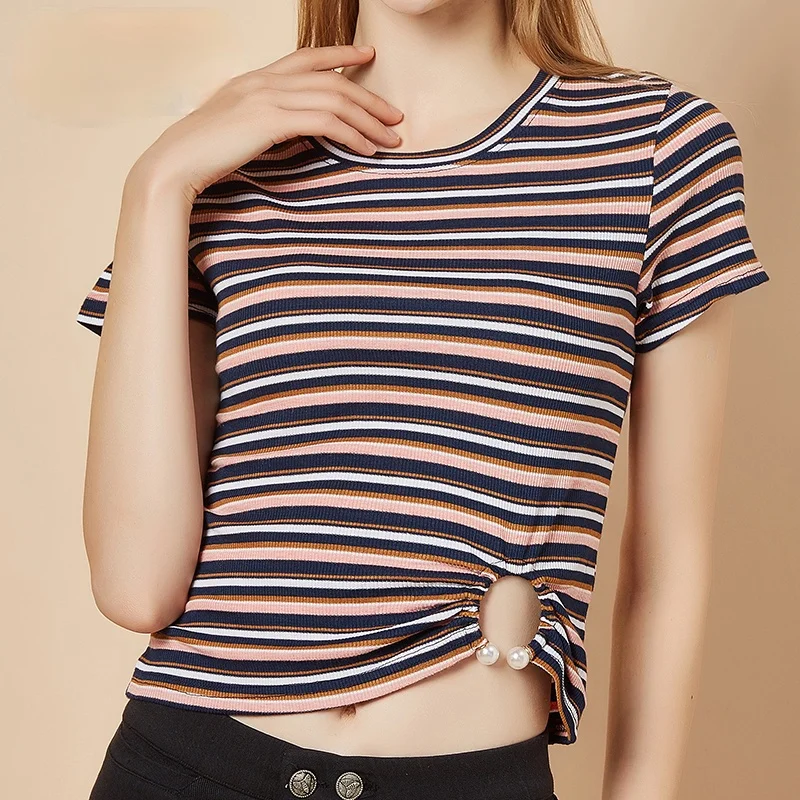 

2021 New Summer Short-sleeved Color Striped Crop Tops with Belly Button Knitted High Collar Bottoming Slim Fit Round Tie T-shirt