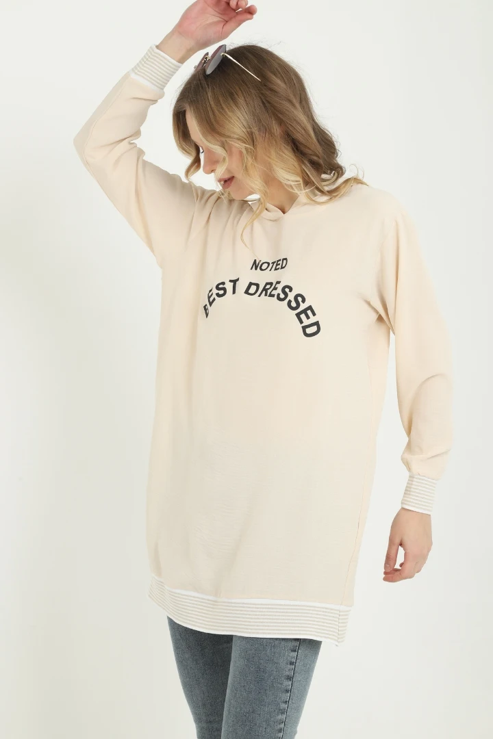 

Sand Beige Front Lettering Printed Hooded Tunic sport new season casual cut plus size women top clothing