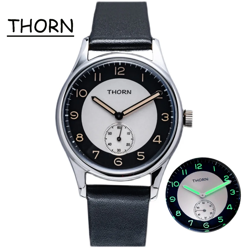 Shirryu Thorn Watch Quartz Manual Hand-Winding 38mm Pilot Vintage Military Leather Band Luminous 50m Men's Diver Watches