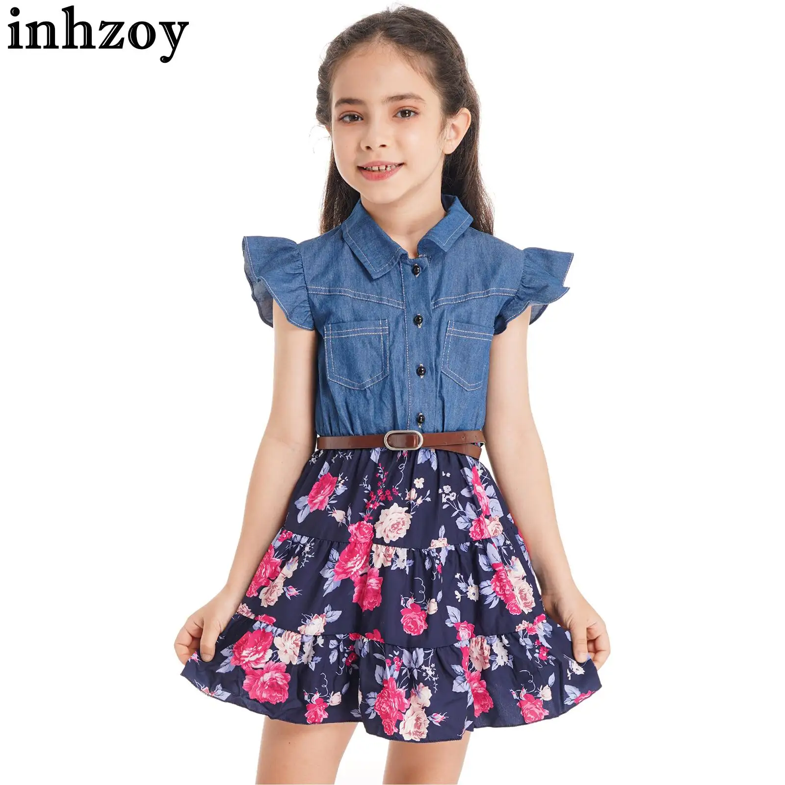 

Kids Girls Denim Patchwork Floral Print A-line Dress Lapel Collar Flying Sleeve Elastic Waist Above Knee Length Dress Streetwear