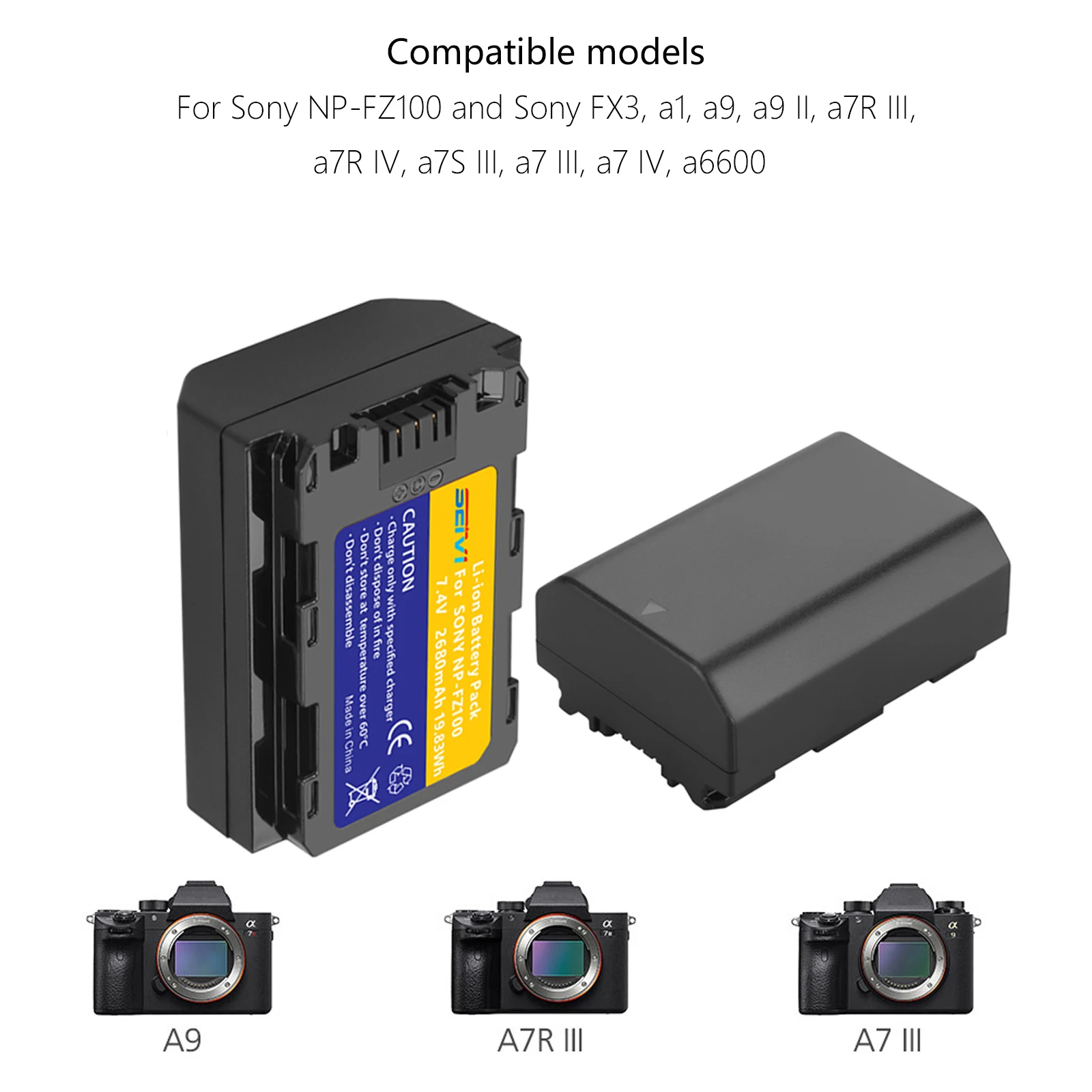 Аккумулятор 2680 мАч NP-FZ100 (NP FZ100, NPFZ100) для Sony A7 III, Alpha A7R III, A7R IV, A7M4, A7M3, A9, A9R, FX30, A6600, A7S3 (art.: 3920dc8df3271) - 3920dc8df3271