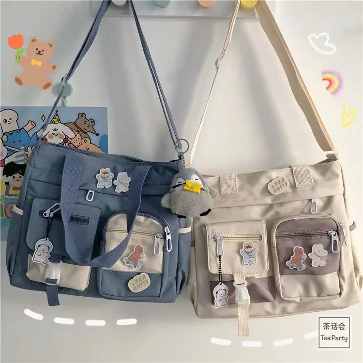 Japanese Style Kawaii Handbags Women Patchwork Color Nylon Bag Multipockets Shoulder Student School Crossbody Bags Tote |
