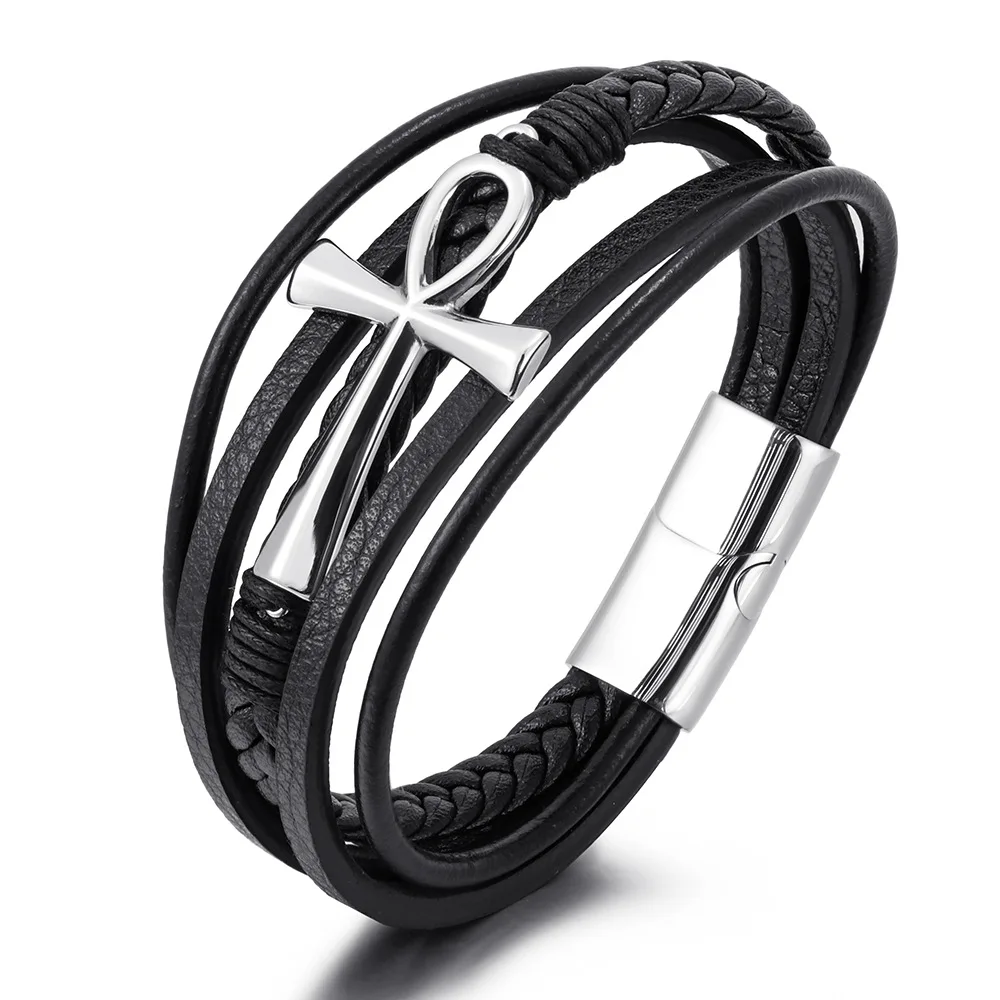 Многослойный Плетеный Кожаный браслет с перекрестными звеньями для мужчин и