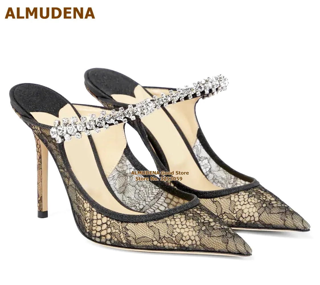 ALMUDENA Silver Bling Bling Crystal Strap High Heel Slippers Black Lace Flowers Embroidery Stiletto Dress Pumps Pointed Toe US14